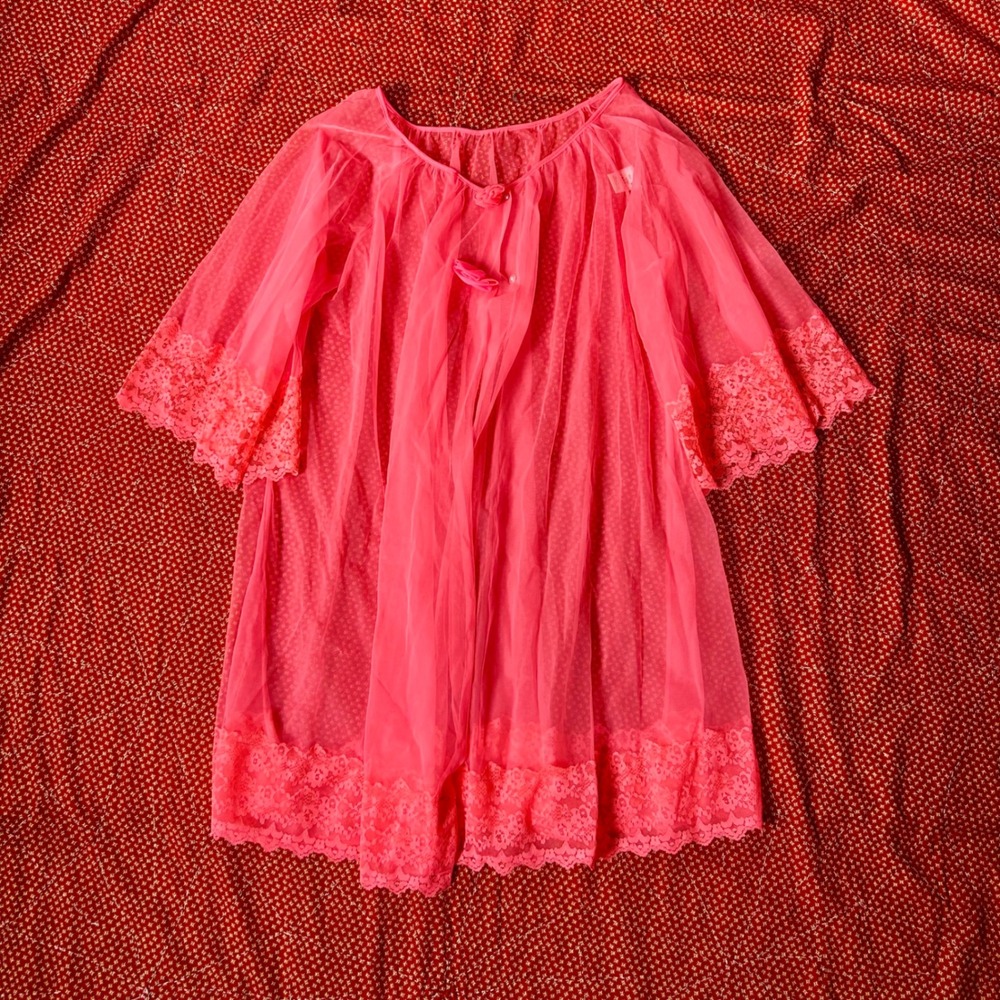 Vintage 70s Pink Sheer Lace Trim Nightgown Robe Style 9131 Size Large